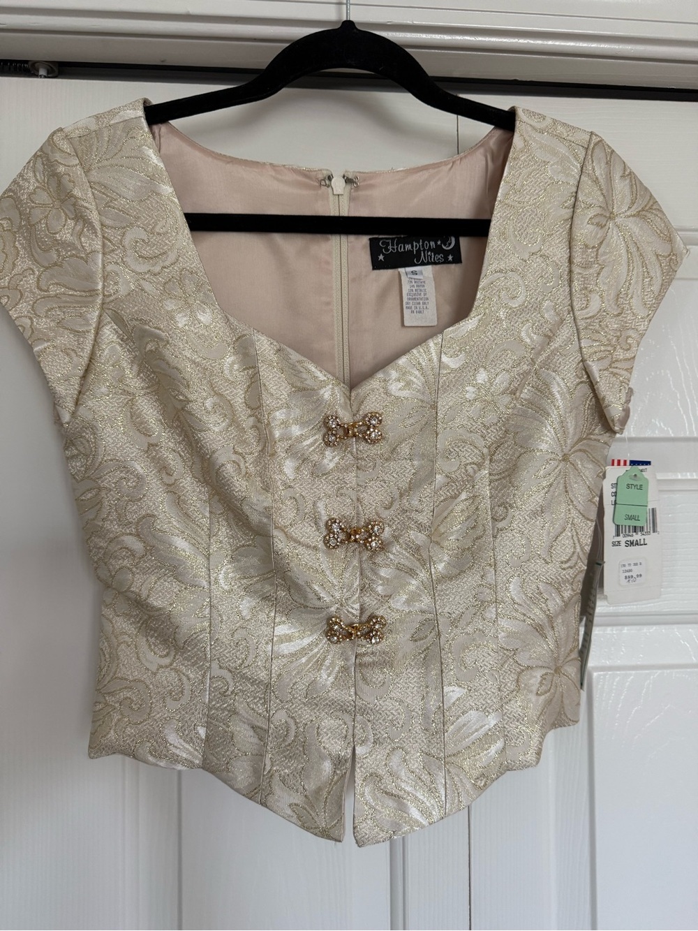 Y2K Gold Brocade Corset Top Rhinestone Party Glam Coquette - Picture 4 of 9